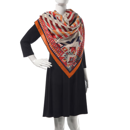 Hermes Cashmere Silk Le Fil D'Ariane Shawl 140 Caramel Rouge Gris 2 of 4