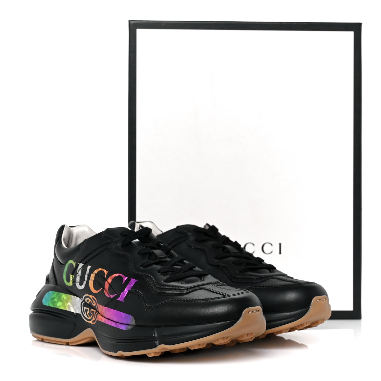 Gucci Calfskin Iridescent Logo Mens Rhyton Sneakers 8 Black 9 of 9