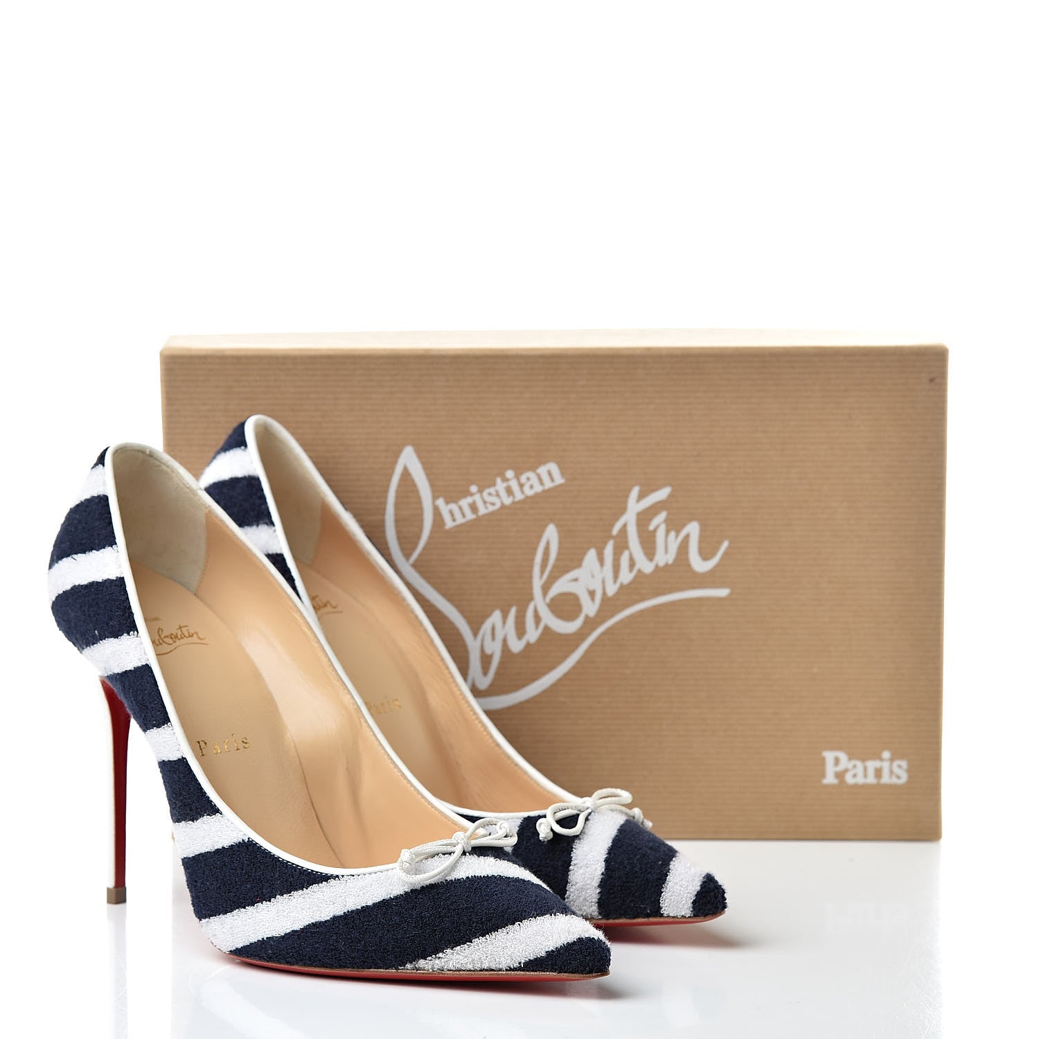 Christian Louboutin Sponge Fabric Shiny Nappa Decollete Spa 100 Pumps 38 Navy White 10 of 10