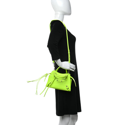Balenciaga Semi Shiny Calfskin Crocodile Embossed Neo Classic Silver Hardware Mini City Fluo Yellow 2 of 8