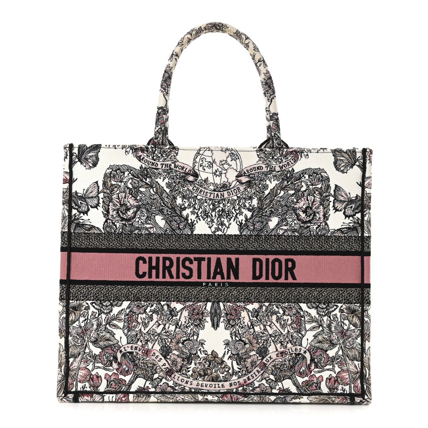 Christian Dior Canvas Embroidered Large Butterfly Around The World Book Tote White Pastel Pink 1 of 12