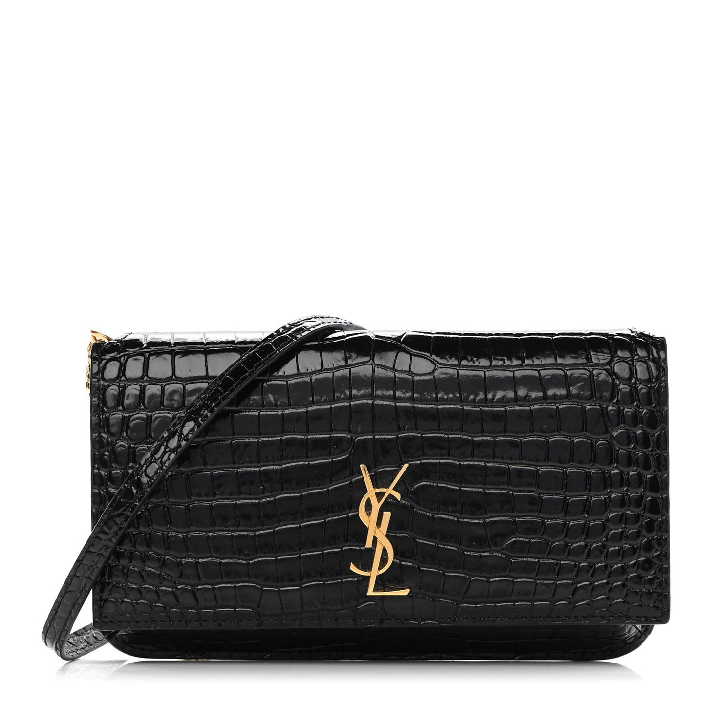 Crocodile Embossed Monogram Phone Holder Crossbody Black