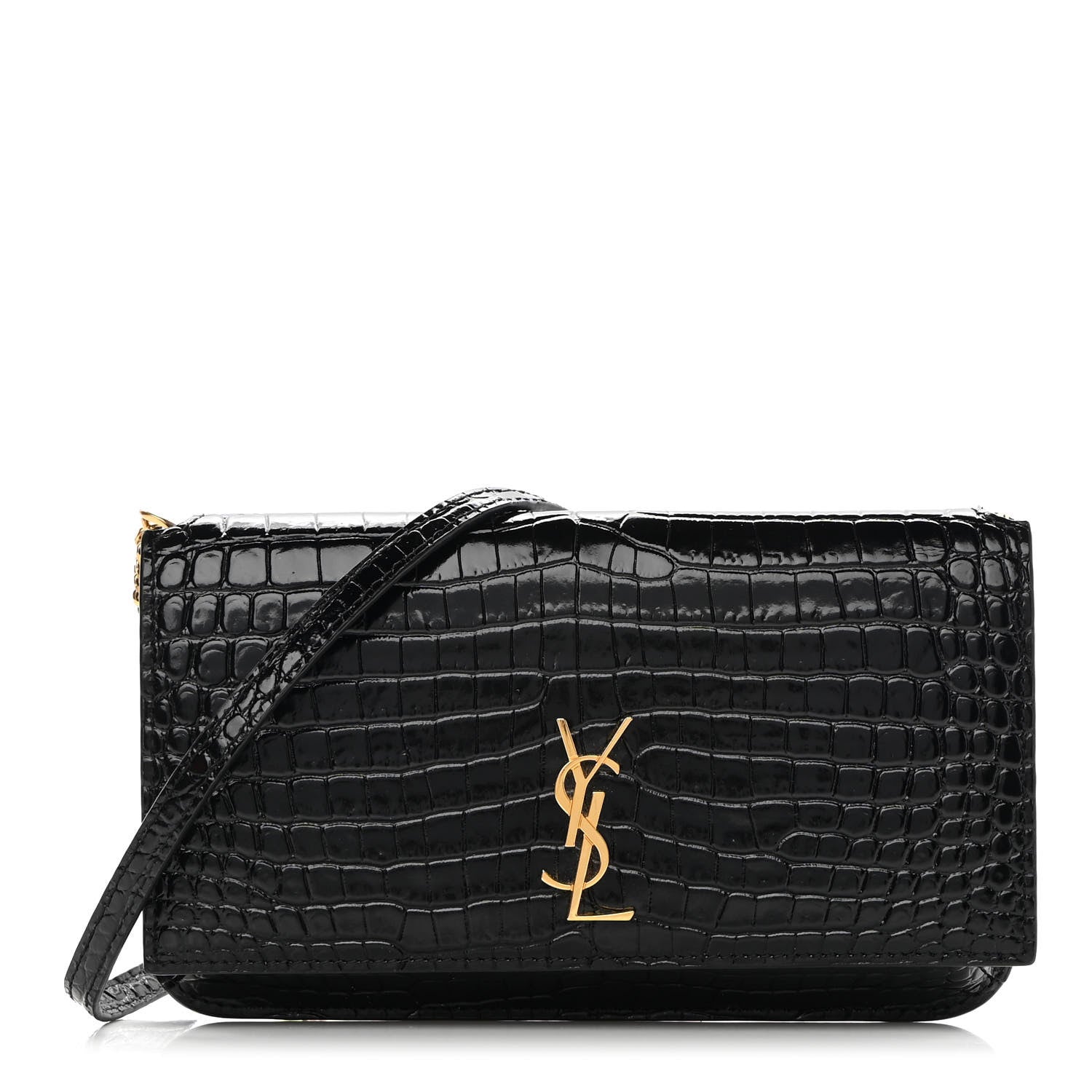 Saint Laurent Crocodile Embossed Monogram Phone Holder Crossbody Black 1 of 14