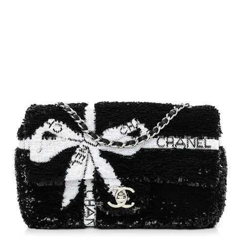 Sequin Ribbon Mini Rectangular Flap Black White