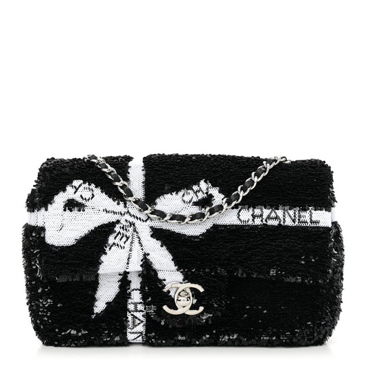 Sequin Ribbon Mini Rectangular Flap Black White