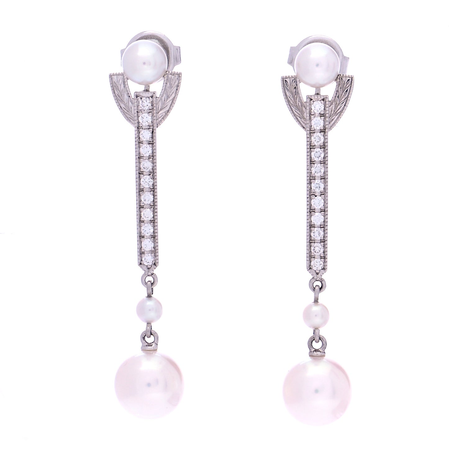 18K White Gold Diamond Akoya Pearl 8mm Deco Drop Earrings