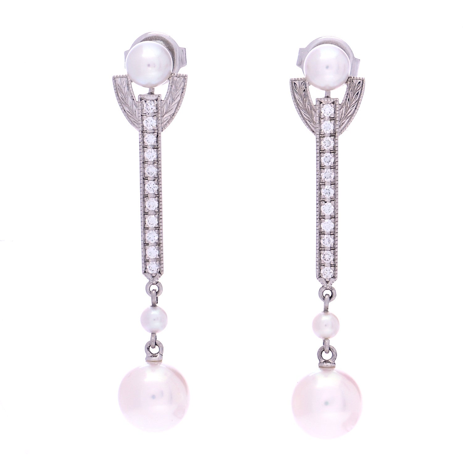 Mikimoto 18K White Gold Diamond Akoya Pearl 8mm Deco Drop Earrings 1 of 5