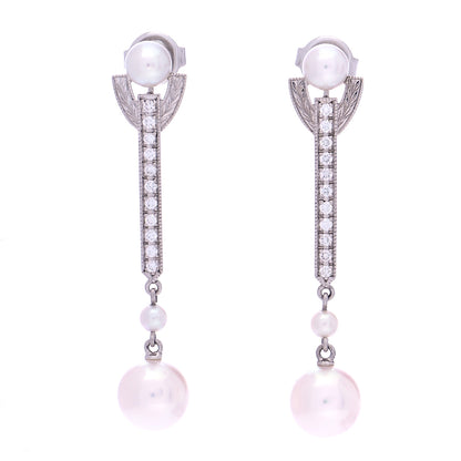 Mikimoto 18K White Gold Diamond Akoya Pearl 8mm Deco Drop Earrings 1 of 5