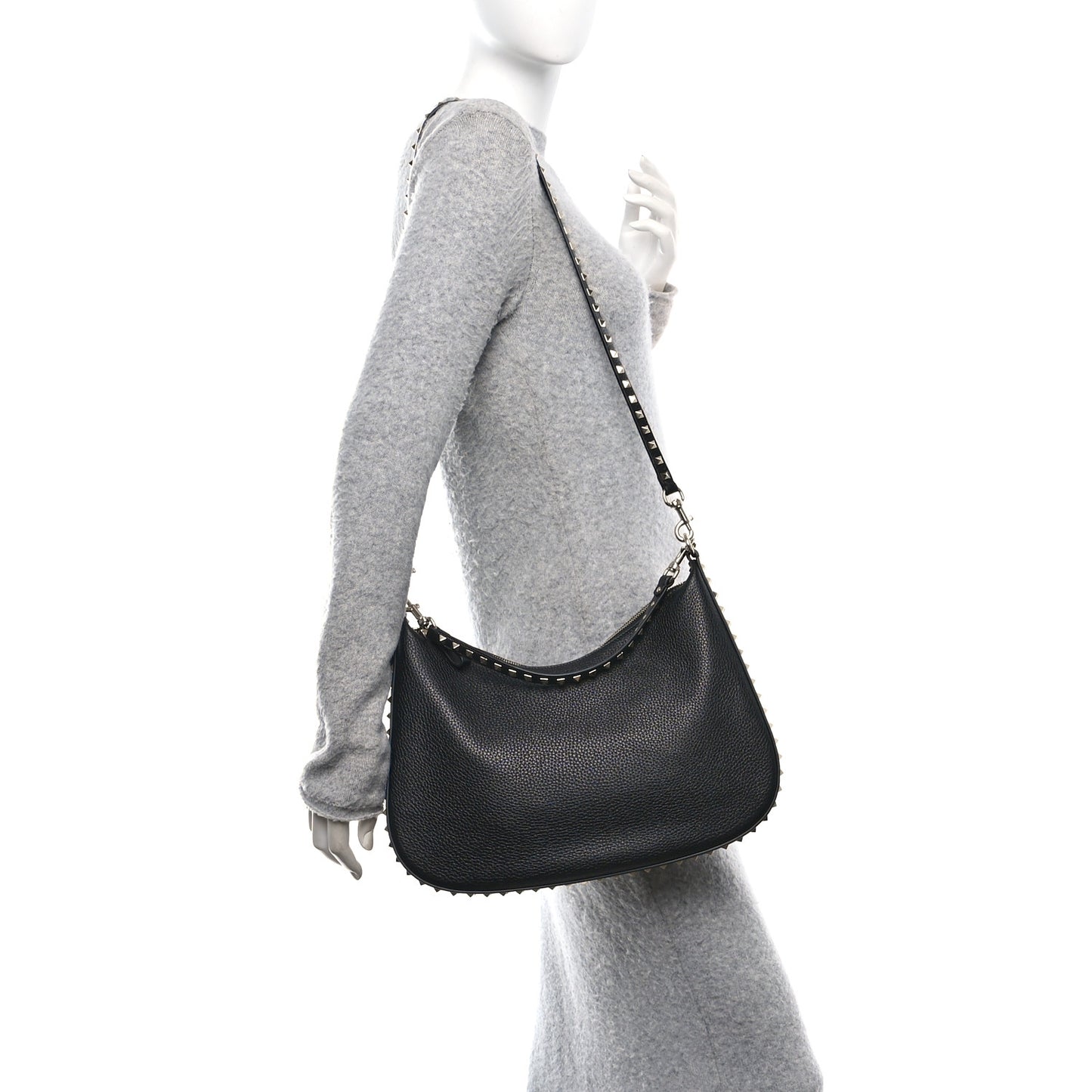 Grained Calfskin Rockstud Hobo Bag Black