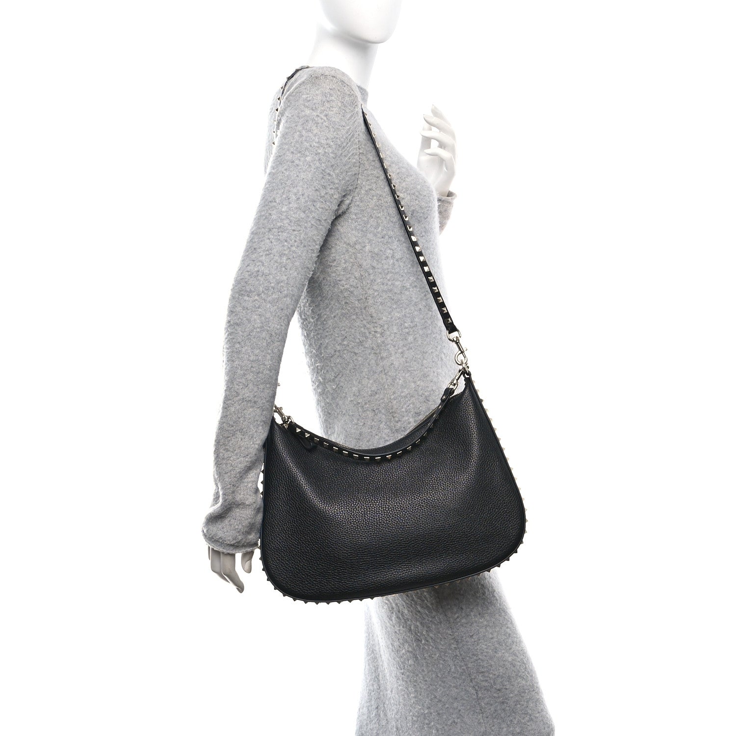 Valentino Garavani Grained Calfskin Rockstud Hobo Bag Black 2 of 9