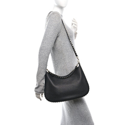 Valentino Garavani Grained Calfskin Rockstud Hobo Bag Black 2 of 9