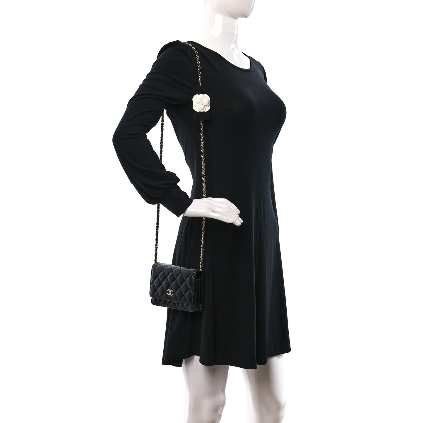 Lambskin Quilted Mini Camellia Bow Wallet On Chain WOC Black