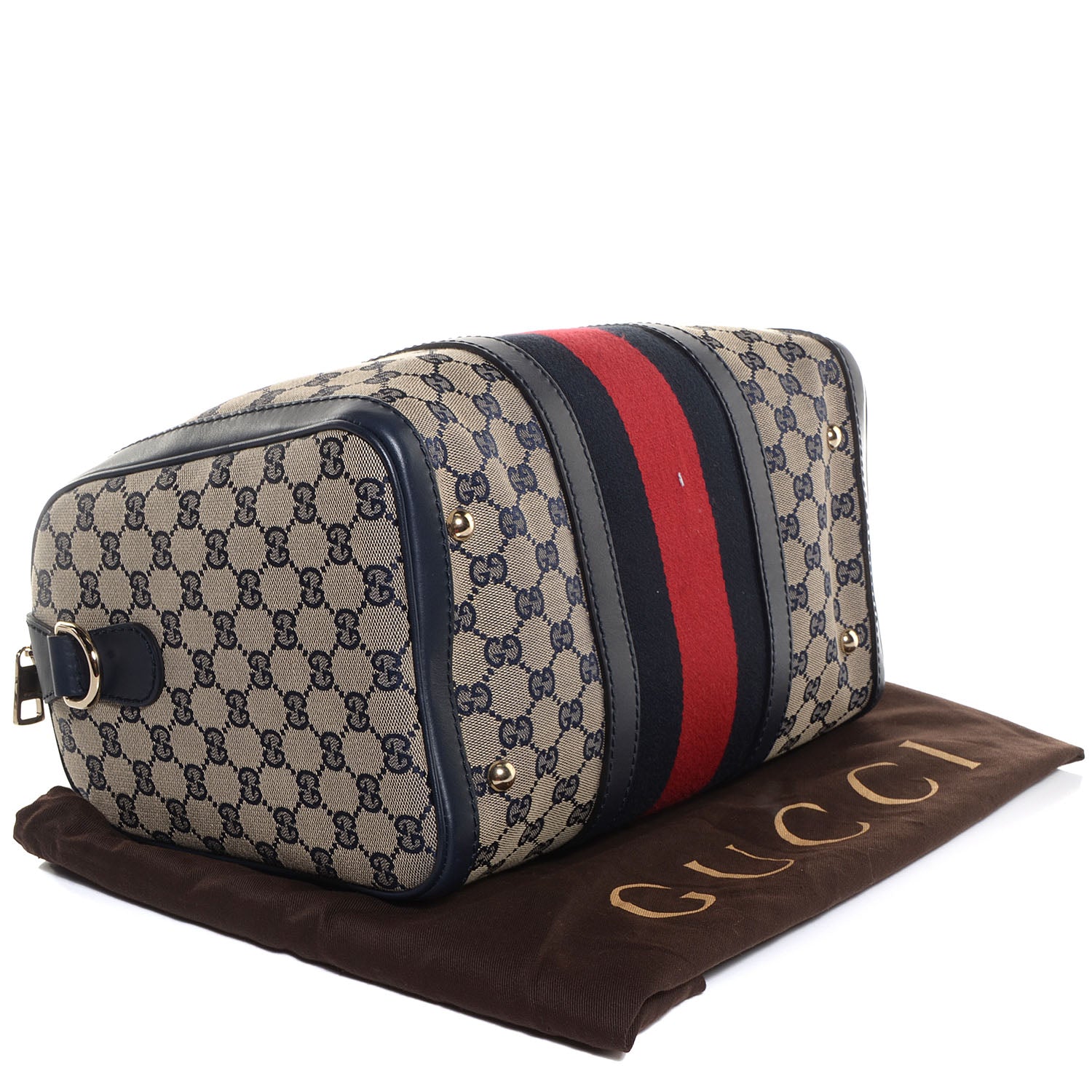 Gucci Monogram Selleria Calfskin Vintage Web Medium Boston Beige Blue 6 of 28