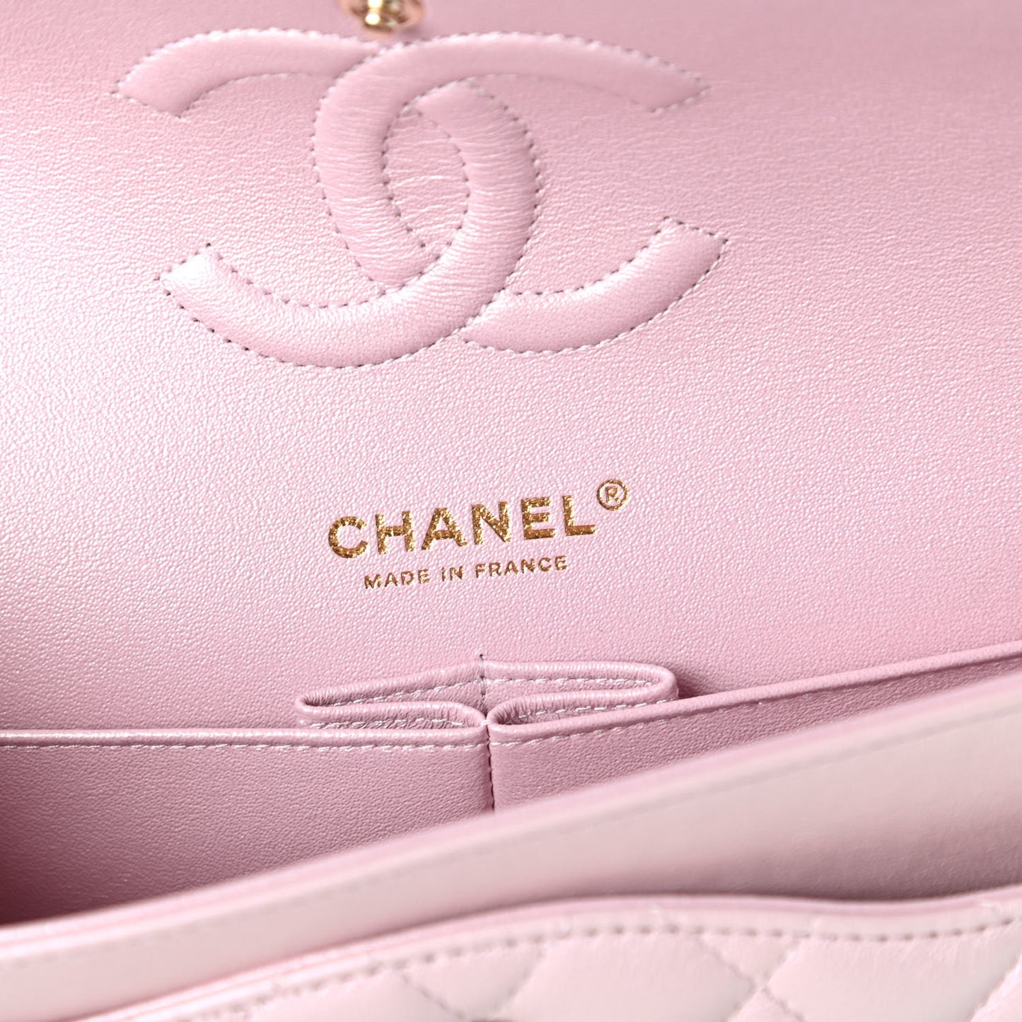 Iridescent Calfskin Quilted Medium Double Flap Light Pink