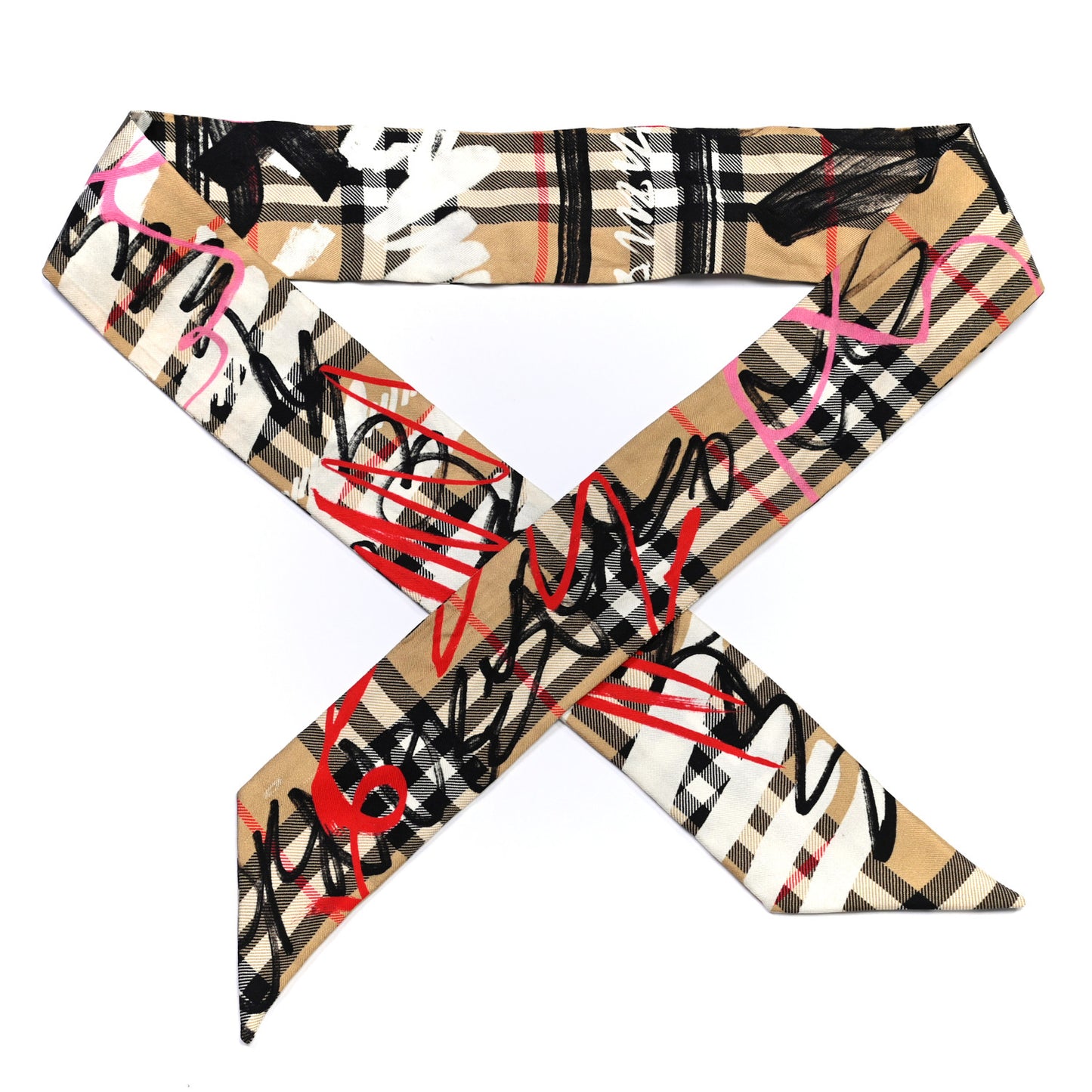 Silk Vintage Check Scribble Print Skinny Scarf Archive Beige