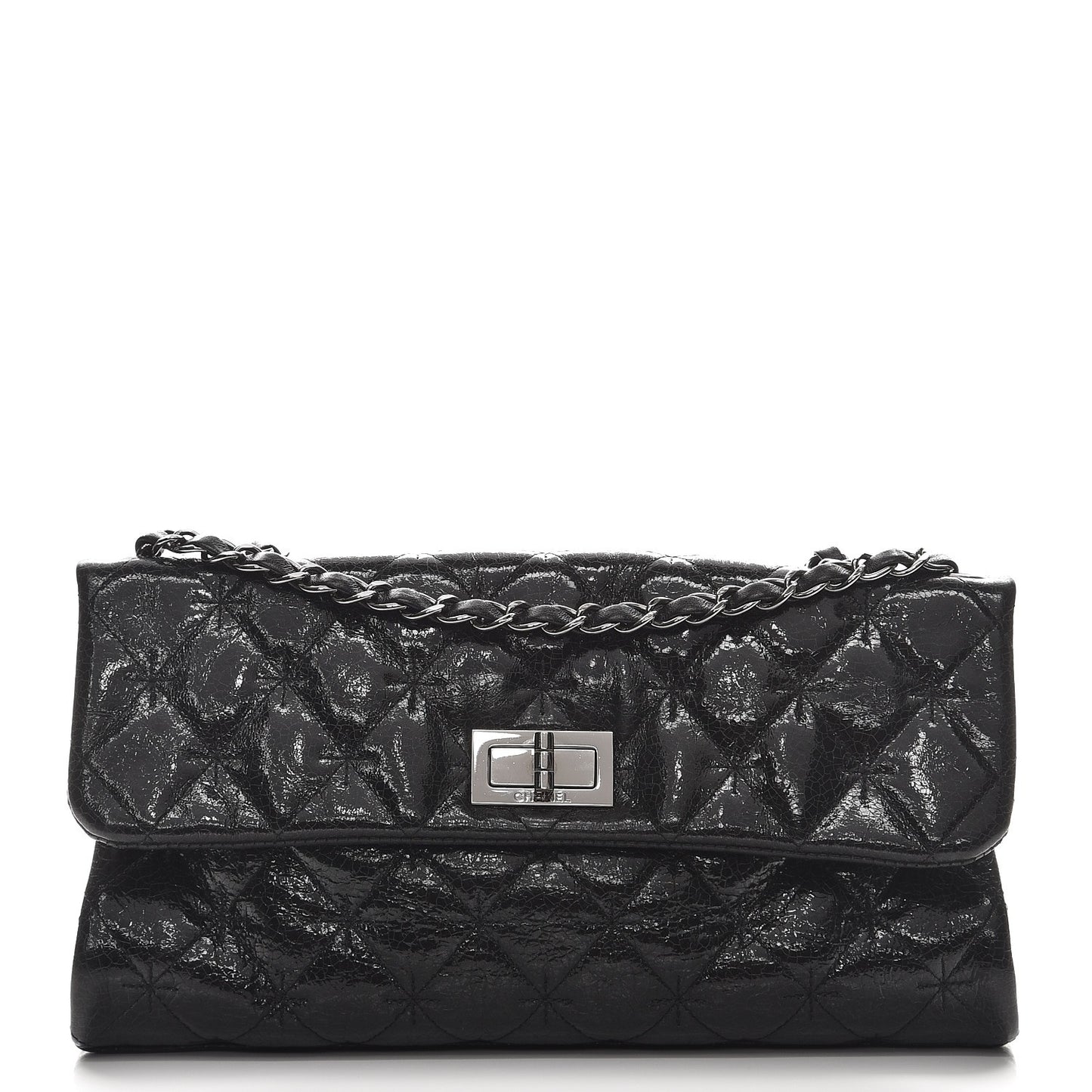 Glazed Crackled Calfskin Mademoiselle Flap Black