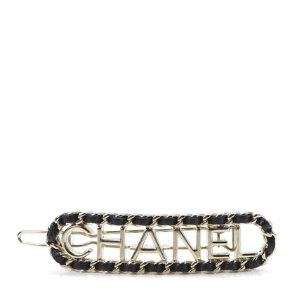 Chanel Metal Lambskin Vintage Allure Logo Hair Clip Black Gold 1 of 4