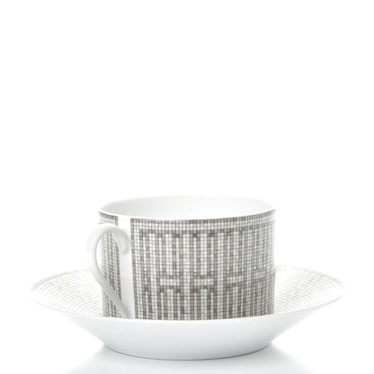 Hermes Porcelain Mosaique Au 24 Breakfast Cup And Saucer Set Of 2 Platine 7 of 27