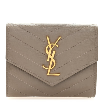 Saint Laurent Grain De Poudre Matelasse Chevron Monogram Compact Tri Fold Wallet Light Taupe 1 of 6