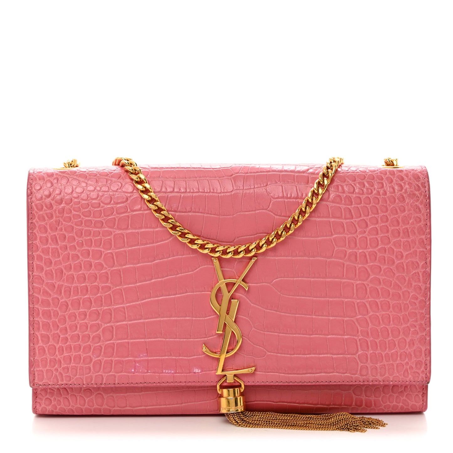 Calfskin Crocodile Embossed Medium Classic Monogram Kate Tassel Satchel Pink