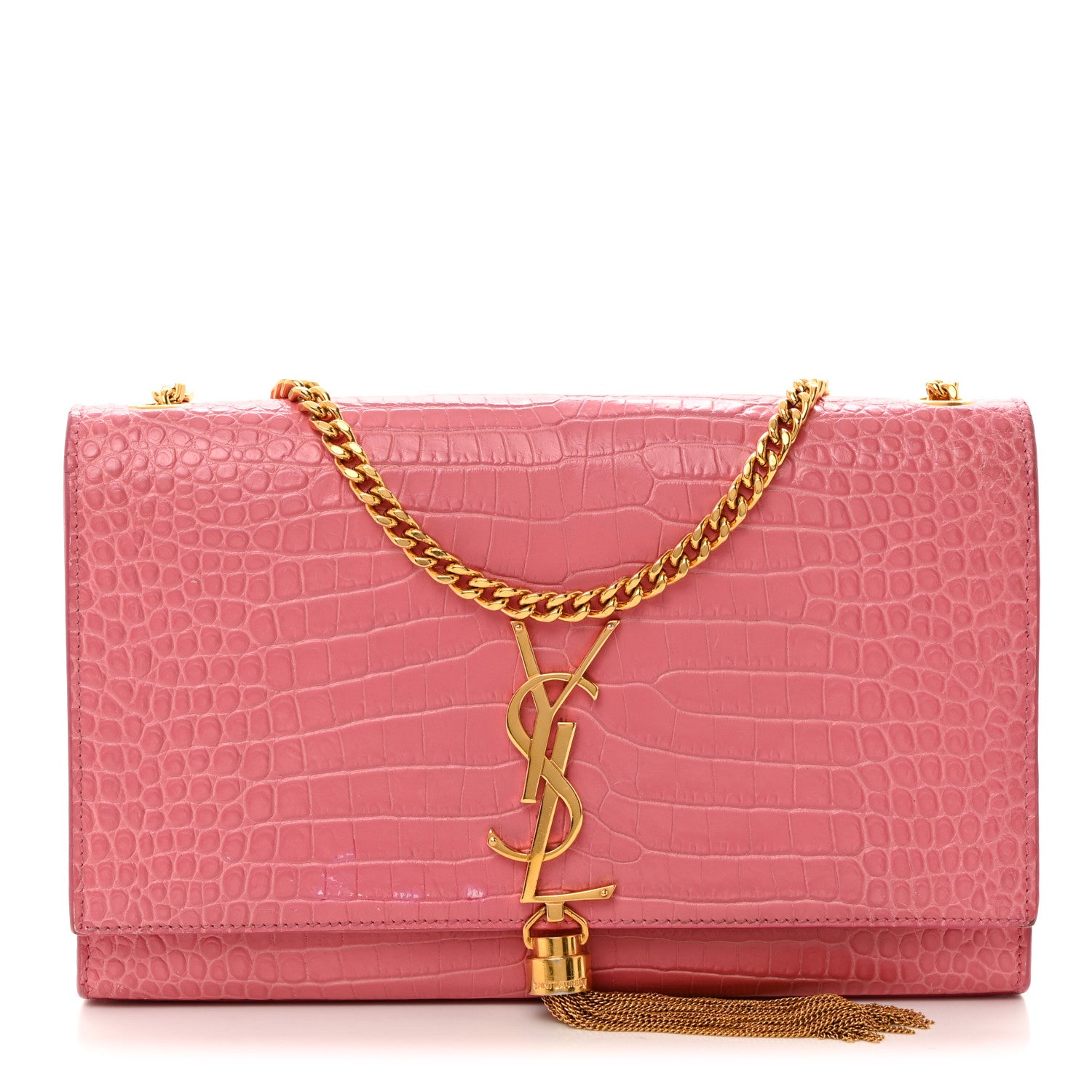 Saint Laurent Calfskin Crocodile Embossed Medium Classic Monogram Kate Tassel Satchel Pink 1 of 12