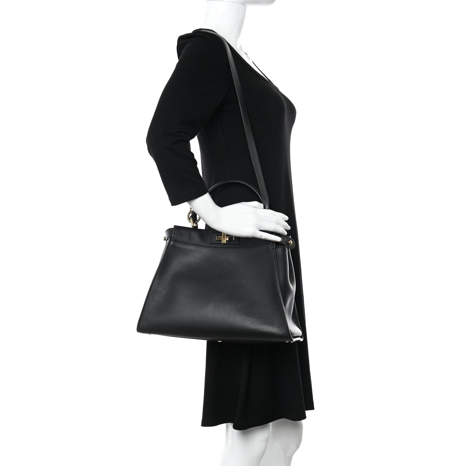 Fendi Vitello Seta Shiny Nappa Medium Peekaboo Iconic Satchel Black 2 of 10