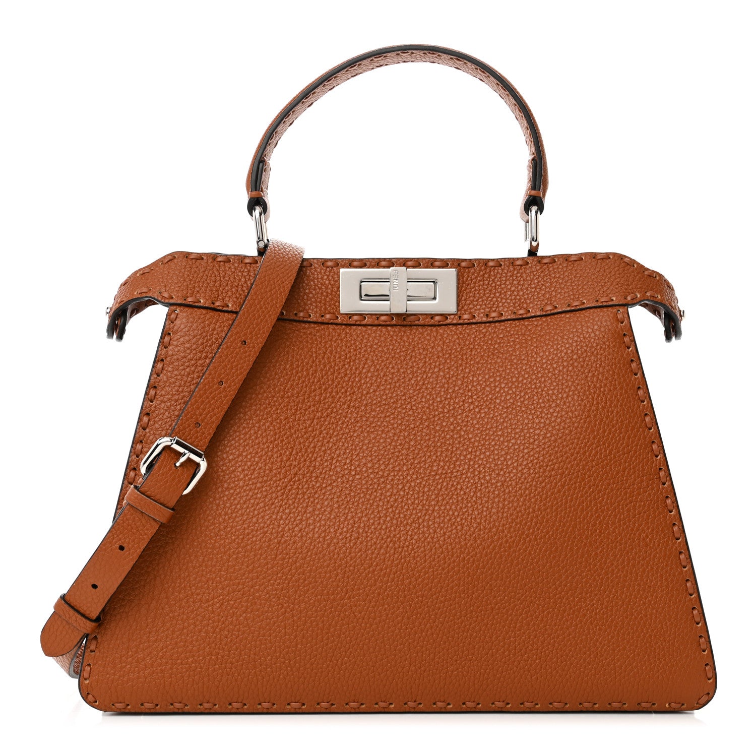 Fendi Cuoio Roma Sellerissima Nappa Sintetica Tape Stitch Medium Peekaboo I SEE U Satchel Brandy 1 of 11