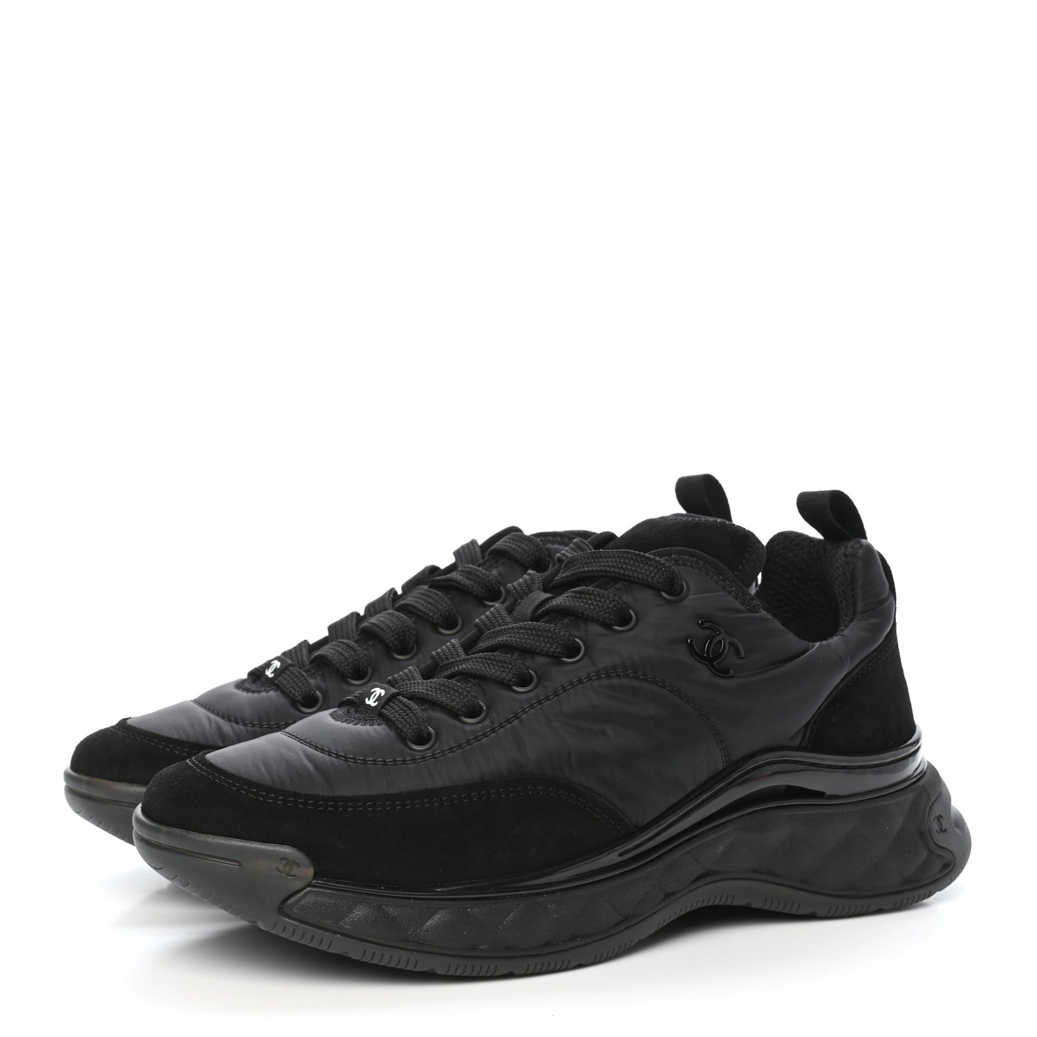 Chanel Nylon Suede Calfskin CC Sneakers 38.5 Black 3 of 8