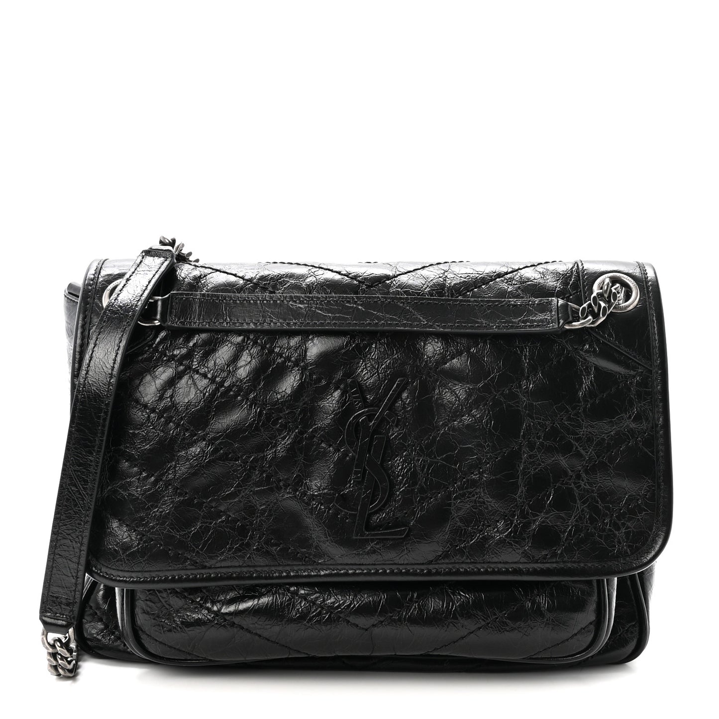 Crinkled Calfskin Matelasse Monogram Medium Niki Chain Satchel Black