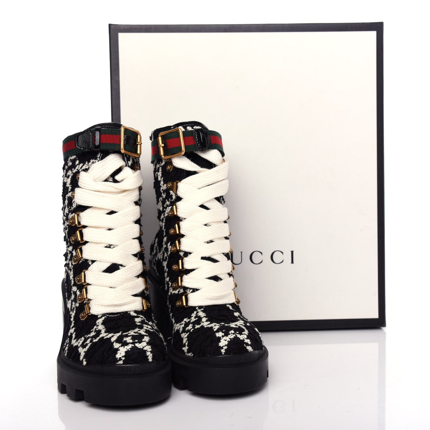 Tweed GG Monogram Lace Up Combat Ankle Boots 35 Black