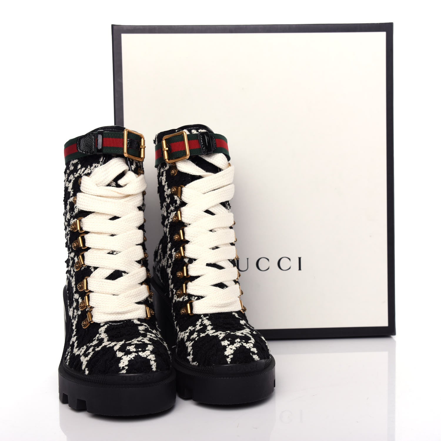 Gucci Tweed GG Monogram Lace Up Combat Ankle Boots 35 Black 11 of 11