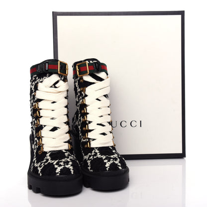 Gucci Tweed GG Monogram Lace Up Combat Ankle Boots 35 Black 11 of 11