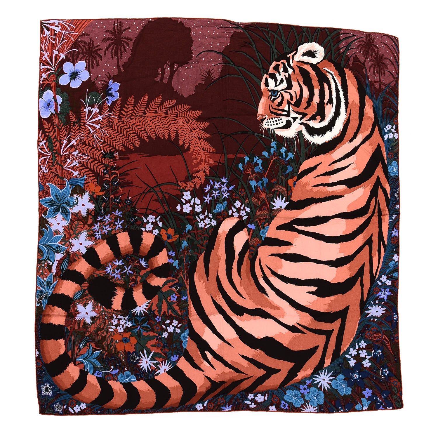 Hermes Cashmere Silk Tyger Tyger Shawl 140 Bordeaux Bleu Corail 1 of 4