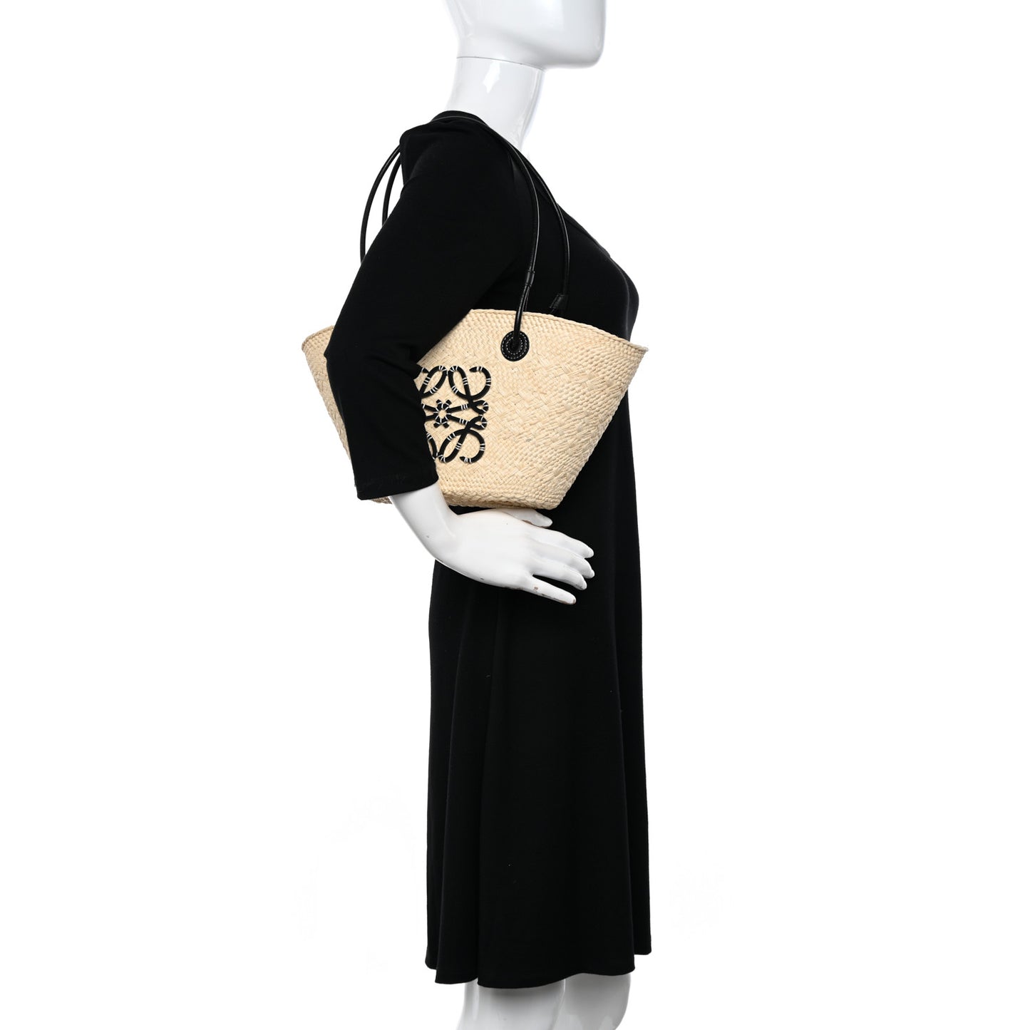 Calfskin Raffia Paulas Ibiza Small Anagram Basket Tote Bag Natural Black