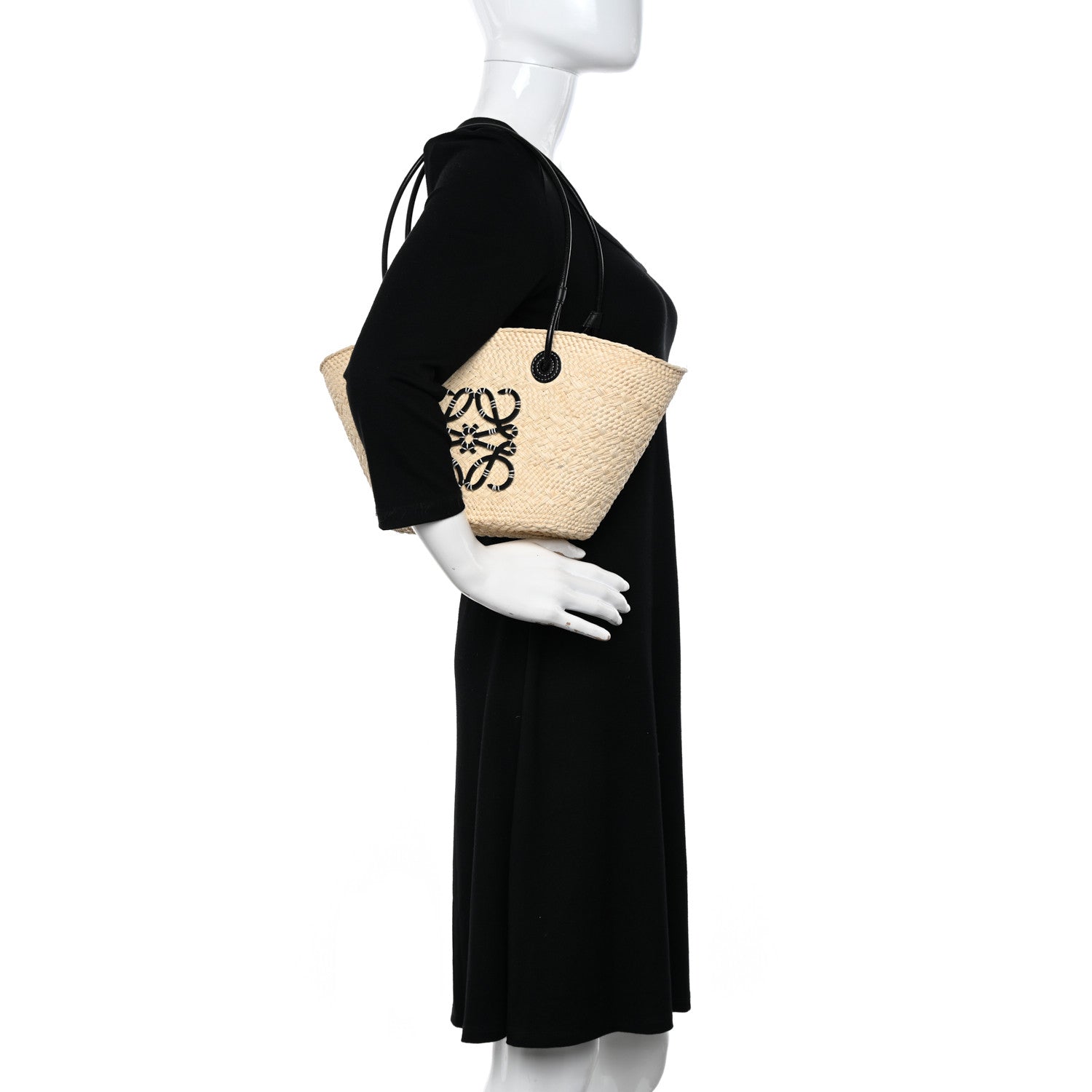 Loewe Calfskin Raffia Paulas Ibiza Small Anagram Basket Tote Bag Natural Black 2 of 14