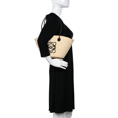 Loewe Calfskin Raffia Paulas Ibiza Small Anagram Basket Tote Bag Natural Black 2 of 14