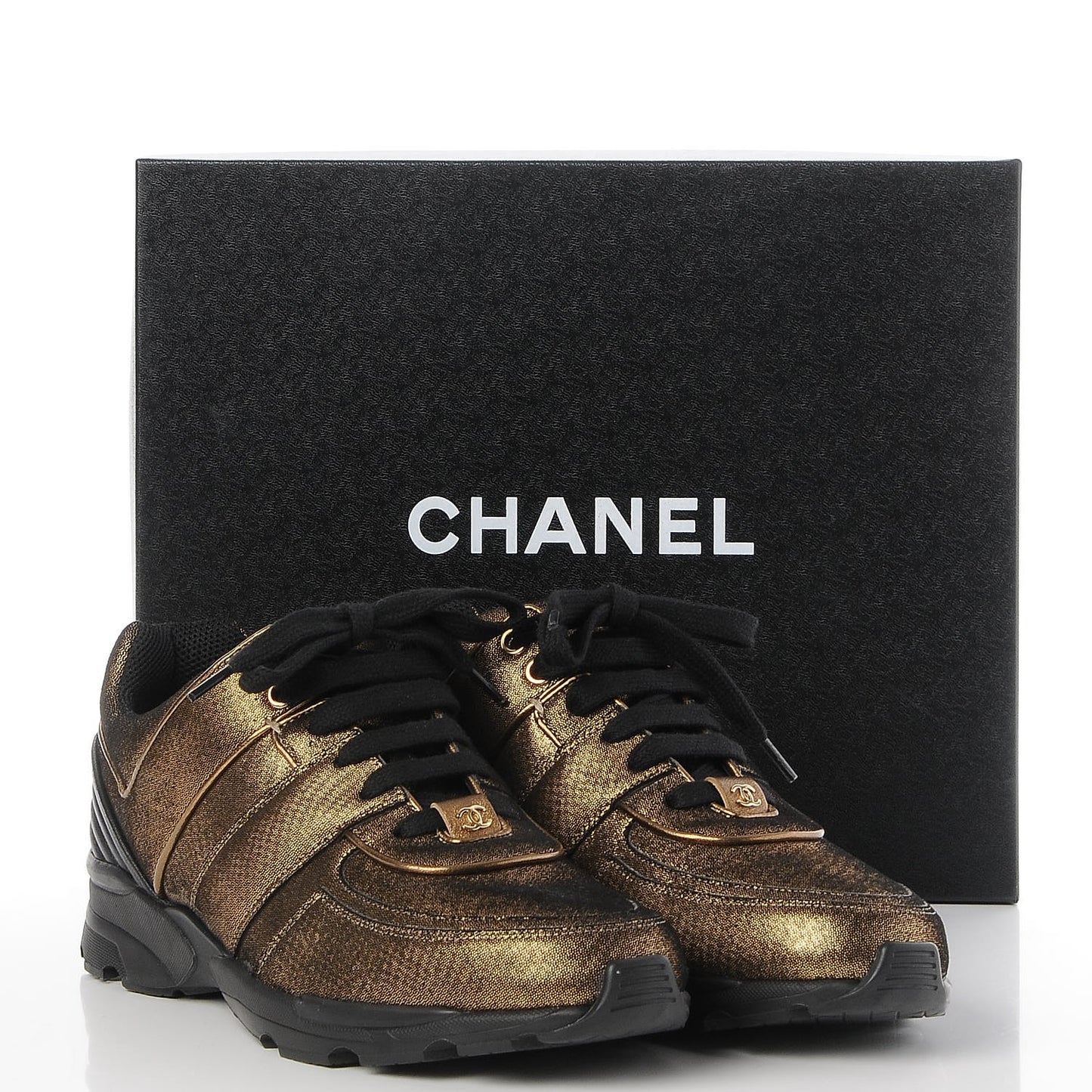Metallic Fabric Calfskin Womens CC Sneakers 40.5 Golden Brown