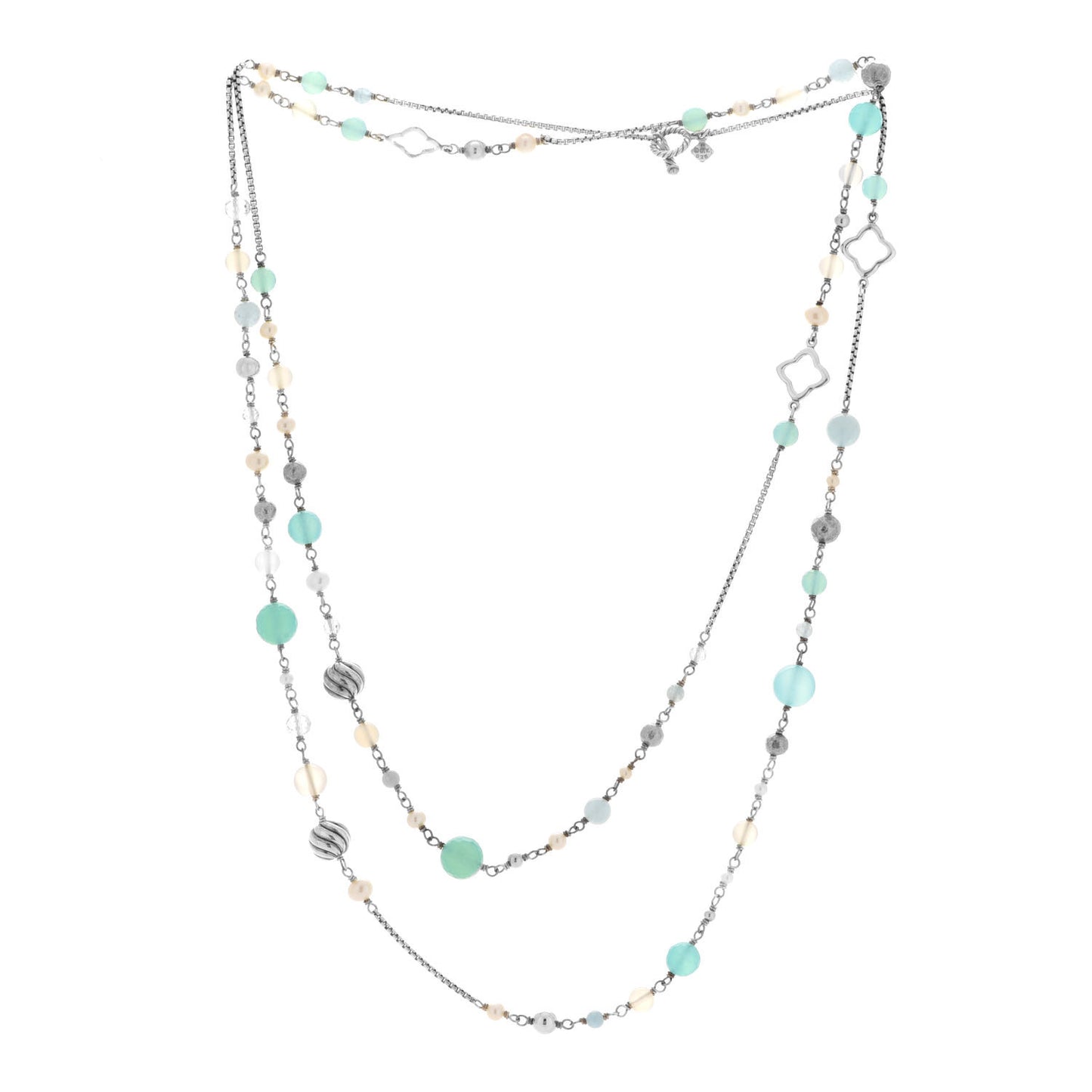Sterling Silver Pearl Aquamarine Chalcedony 14mm Quatrefoil Necklace
