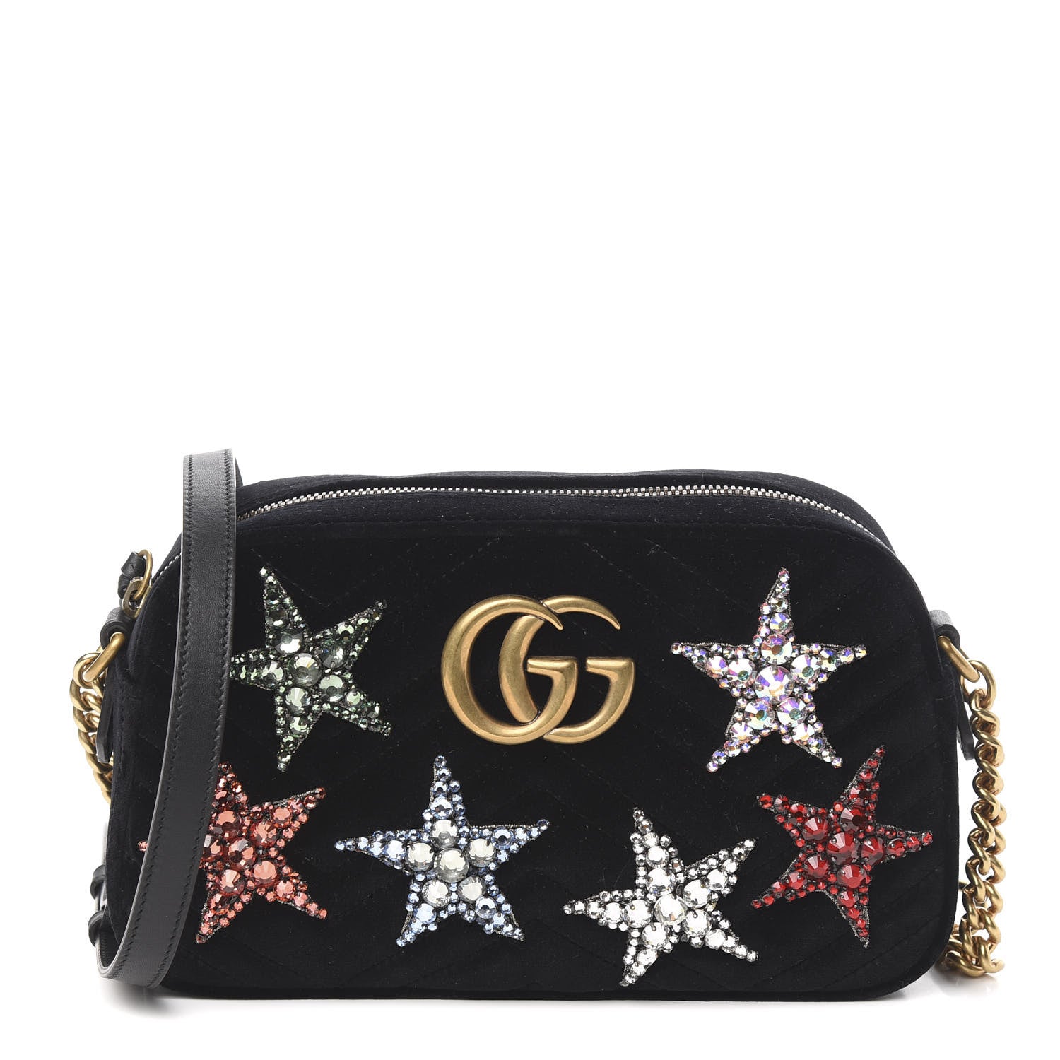 Gucci Velvet Matelasse Crystal Star Embroidered Small GG Marmont Chain Shoulder Bag Black 1 of 10