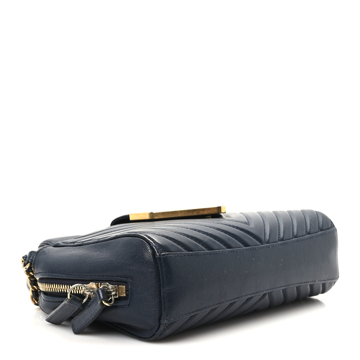 Chanel Shiny Sheepskin Chevron Quilted Collar and Tie Camera Case Navy 3 of 9