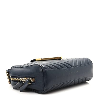 Chanel Shiny Sheepskin Chevron Quilted Collar and Tie Camera Case Navy 3 of 9