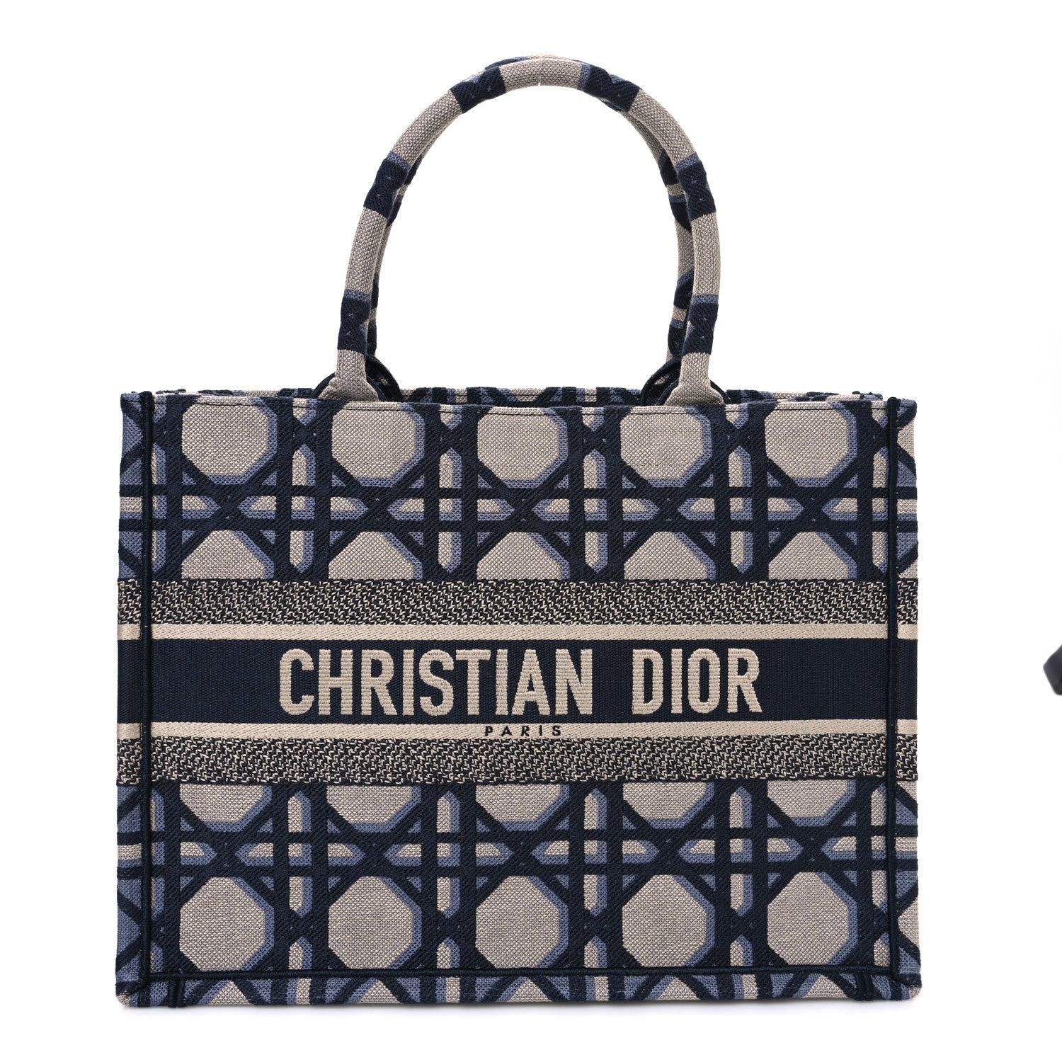Christian Dior Canvas Macrocannage Embroidered Medium Book Tote Beige Blue 1 of 10