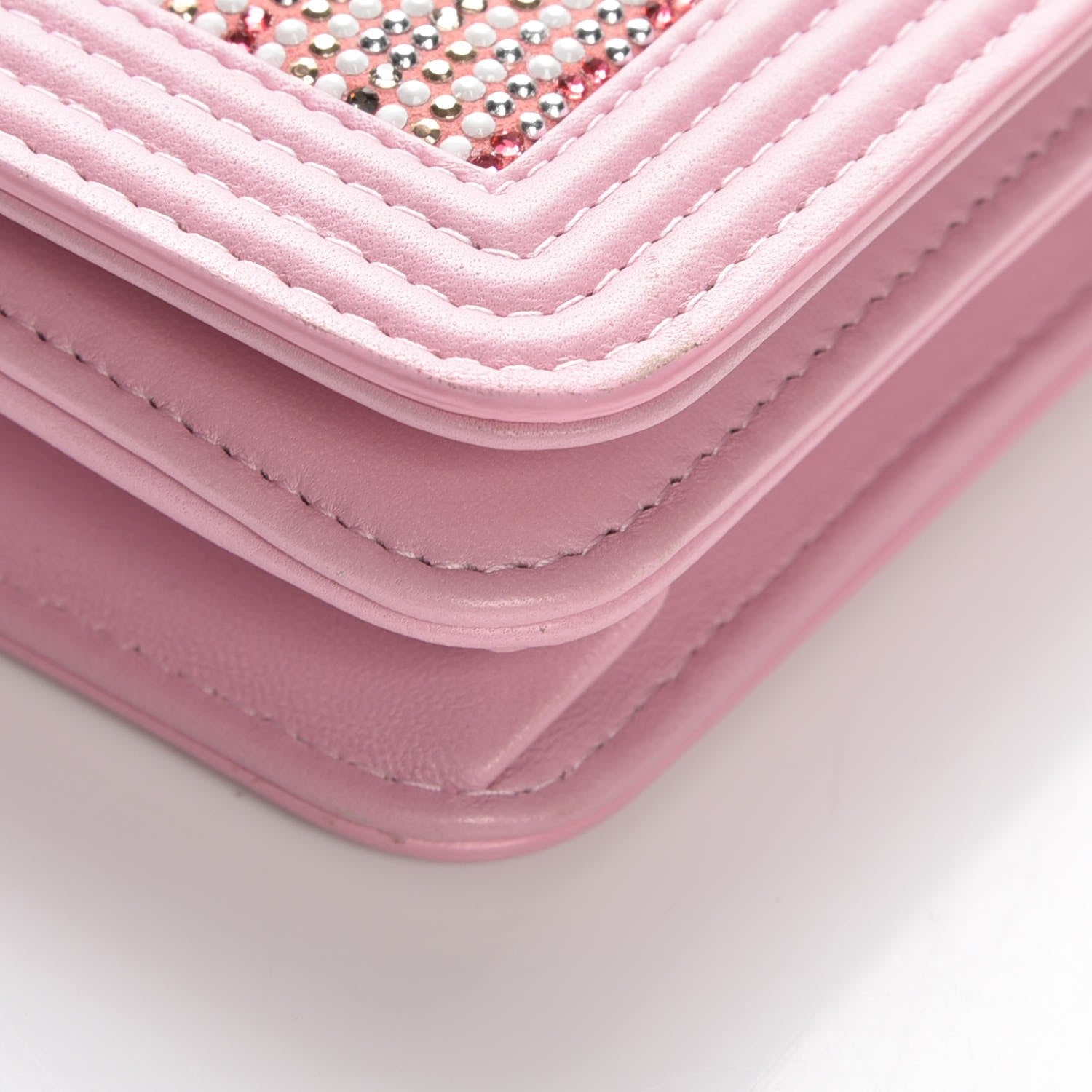 Chanel Calfskin Crystal Studded Boy Wallet On Chain WOC Pink 9 of 13