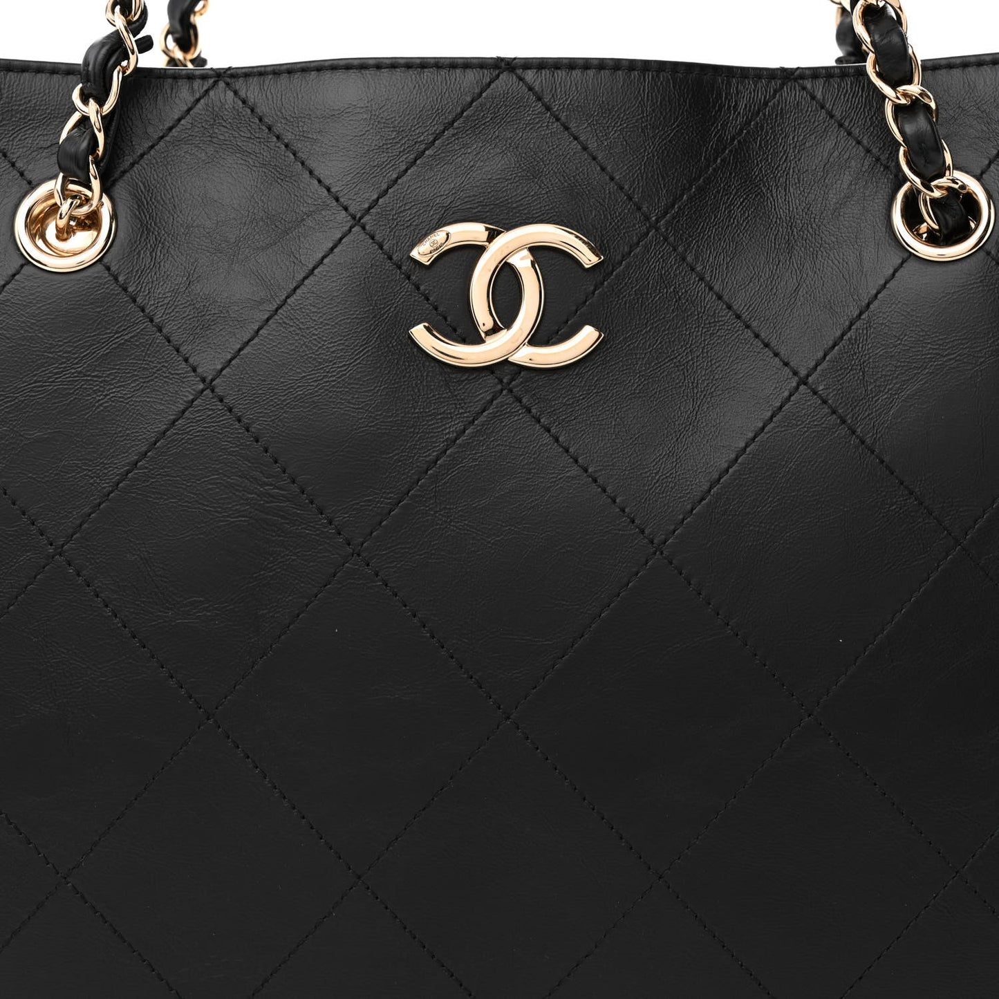 Glazed Calfskin Stitched Shopping Tote Black