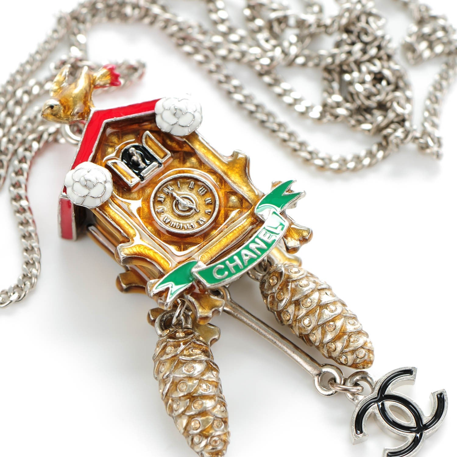 Chanel Enamel Paris Salzburg Cuckoo Clock CC Charm Necklace Silver 4 of 5