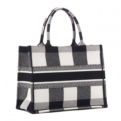 Christian Dior Canvas Embroidered Medium Checkered Book Tote Black White 2 of 8