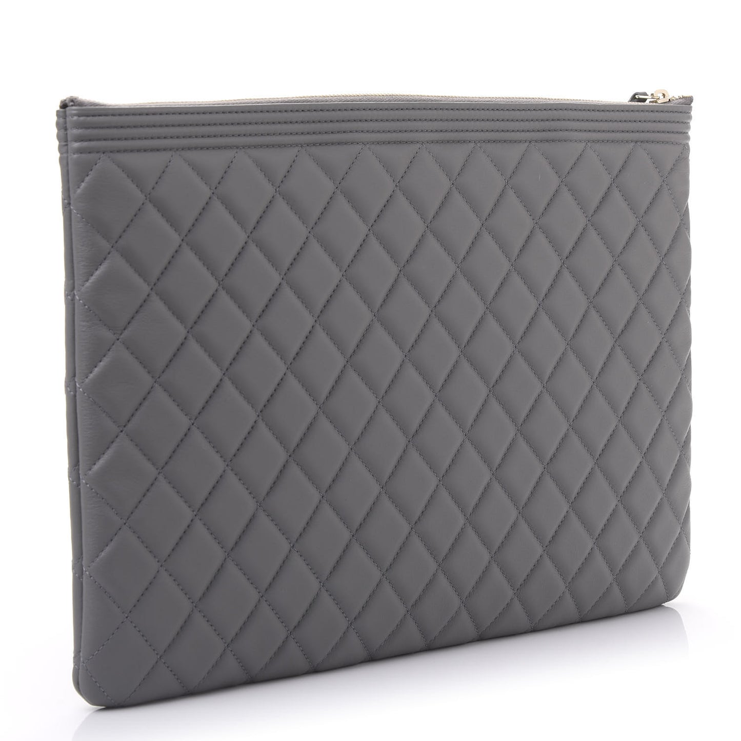 Lambskin Quilted Large Boy Zip Pouch Grey