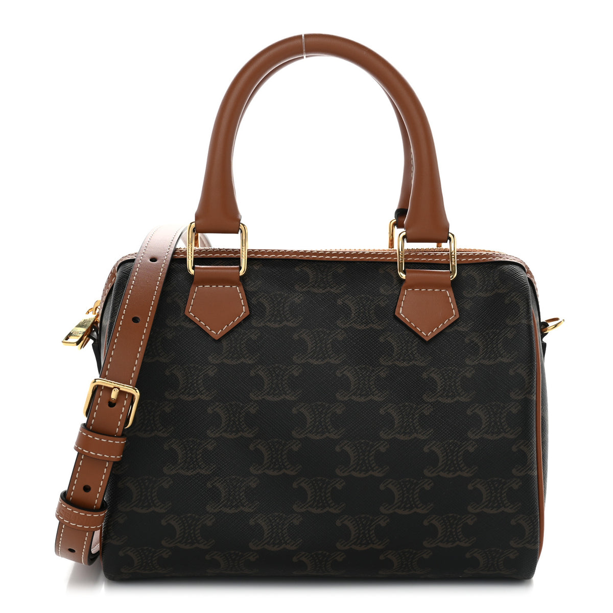 Celine Triomphe Canvas Calfskin Small Boston Bag Tan 1 of 10