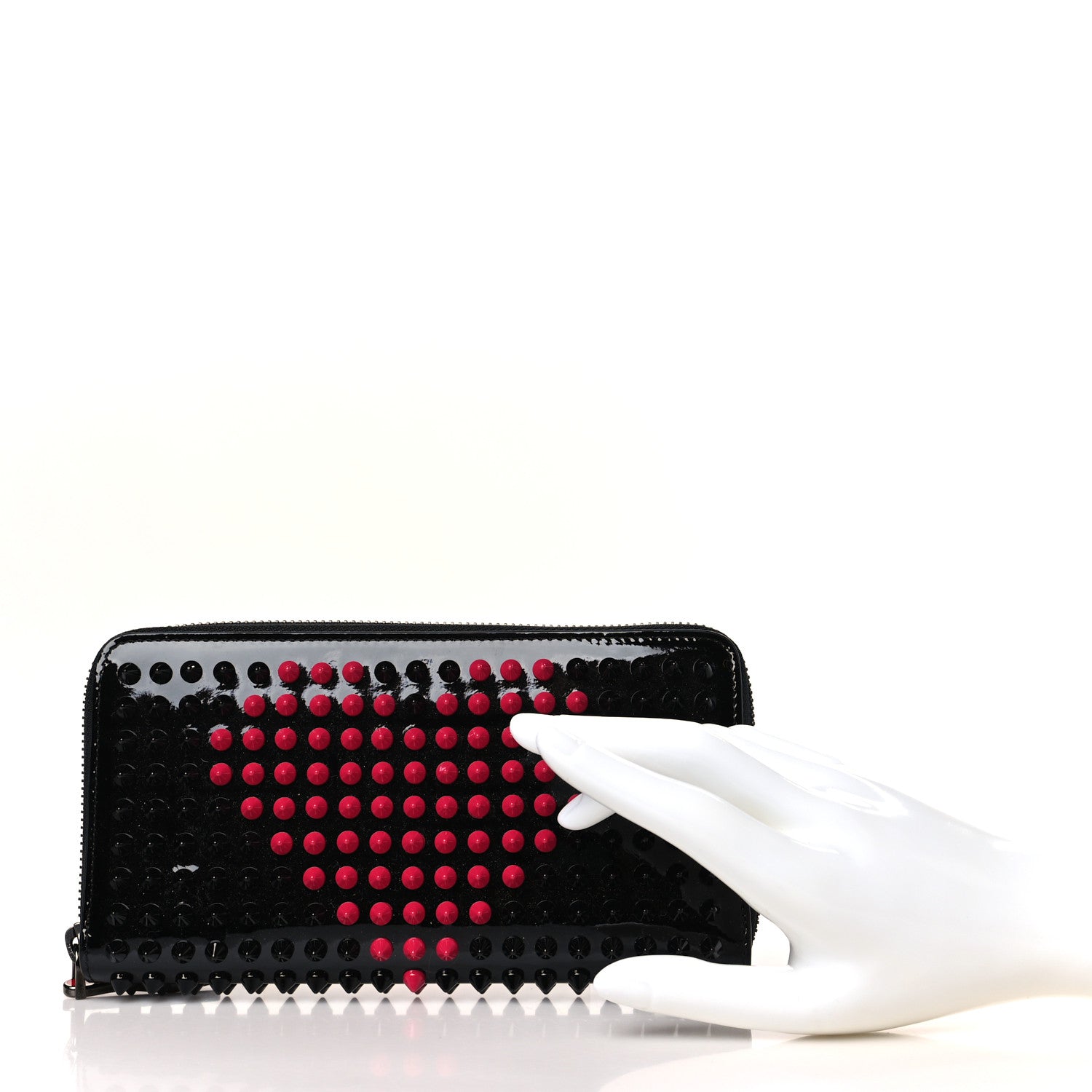 Christian Louboutin Patent Panettone Spiked Valentines Zip Around Wallet Black Fuchsia 2 of 6
