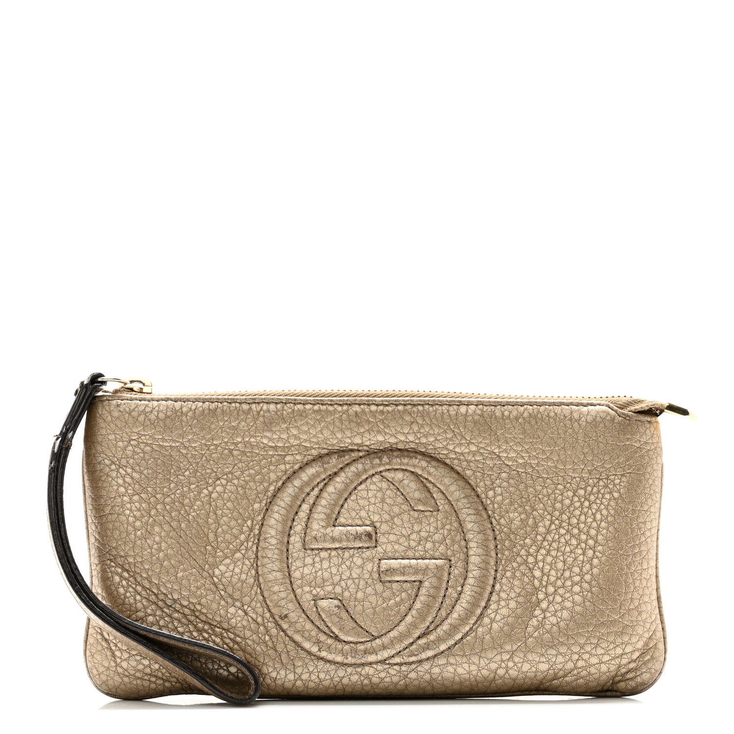 Gucci Metallic Pebbled Calfskin Soho Wristlet Golden Beige 1 of 8